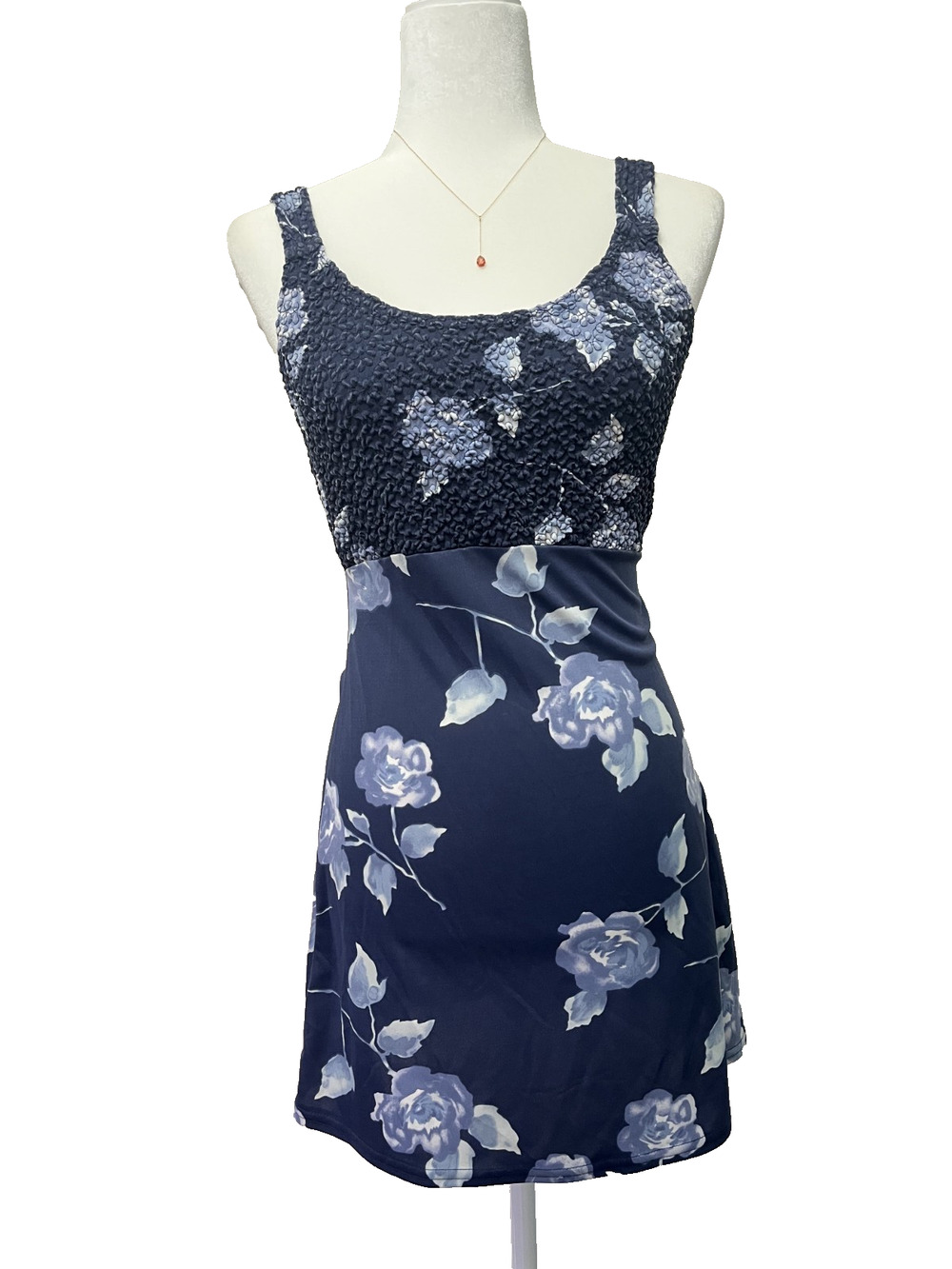 Women's Up Front Size XS Made in USA Navy Blue Purple Floral 26" Length Dress